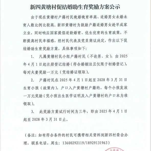 廣東一村結婚生育各獎勵1萬元！
